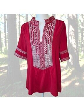 Womens Boutique Womens Oversized Tunic Top Embroidered Red White Boho V Neck
